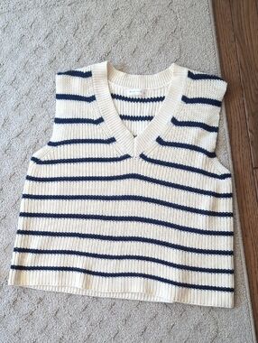 Striped V-Neck Knit Sweater Vest in Cream and Navy
